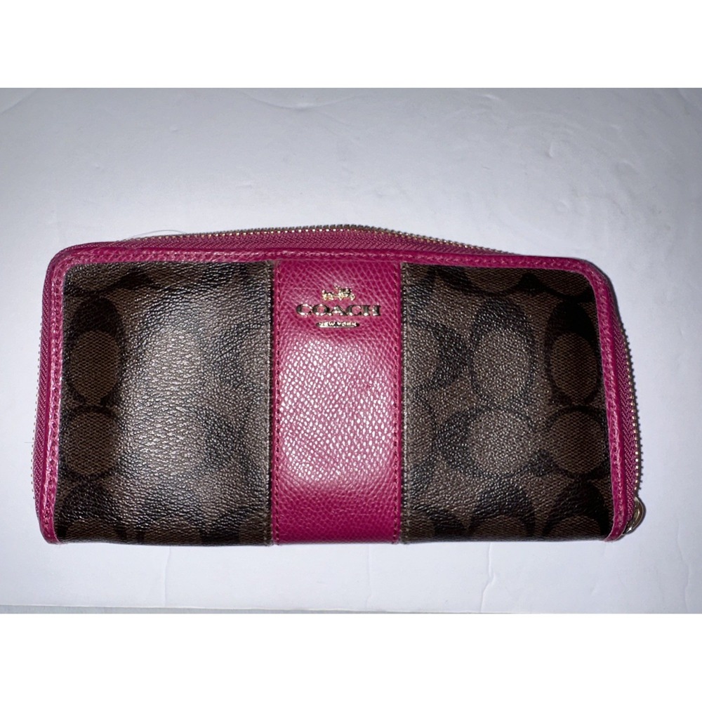Coach Raspberry Pink Signature CC Logo Canvas Leather Zip Accordion Wallet